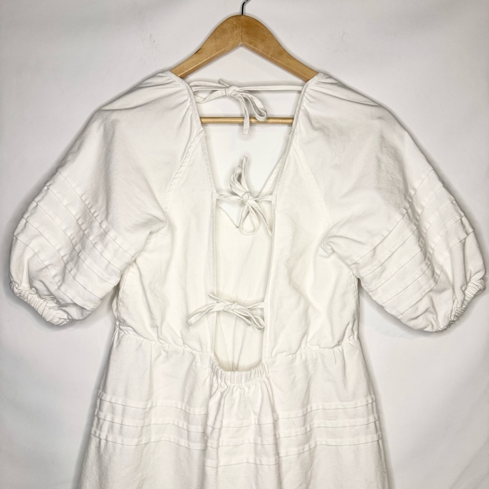 Avec Les Filles Open Back Puff Sleeve V-Neck White Cotton Mini Dress Size Small - Picture 7 of 10